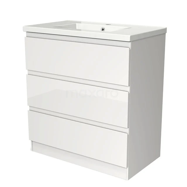 Modulo Vanity units with basin | 80 cm High-gloss white Handle-less front Ceramic 3 standing drawers BMW19S-00089 White bathroom cabinet with 3 soft-close drawers and ceramic basin, sleek design for modern bathrooms.