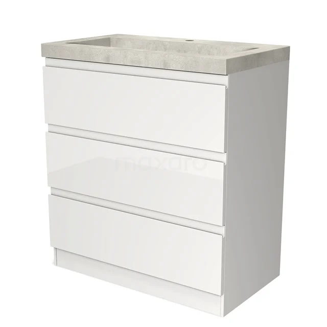 Hochglanz-Badmöbel 80cm Modulo Hochglanz Weiß 3 Schubladen Griffloses Waschbecken Beton BMW19S-00091 Weißes Badezimmermöbel mit drei Schubladen und einer Betonlook Waschtischplatte, ideal für eine moderne Badezimmer Einrichtung.
