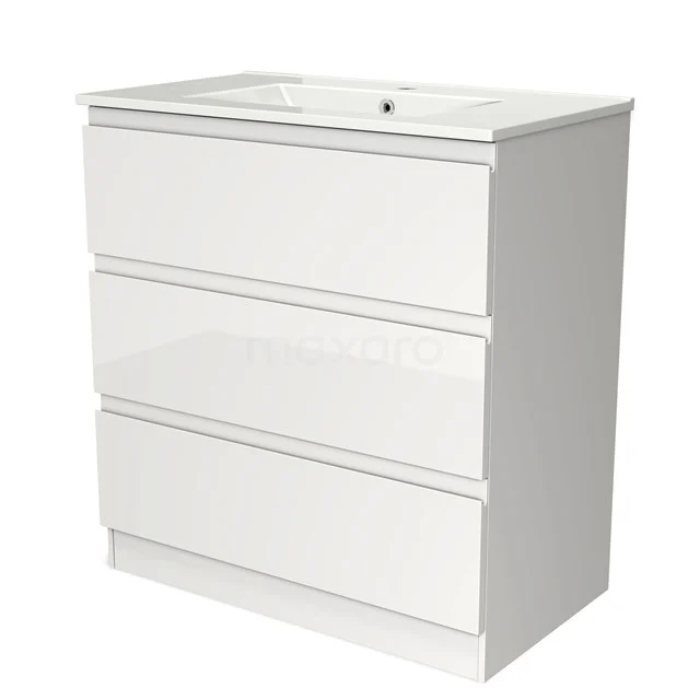 White Bathroom unit with high-gloss finish, three drawers and integrated basin, modern design for stylish bathrooms.