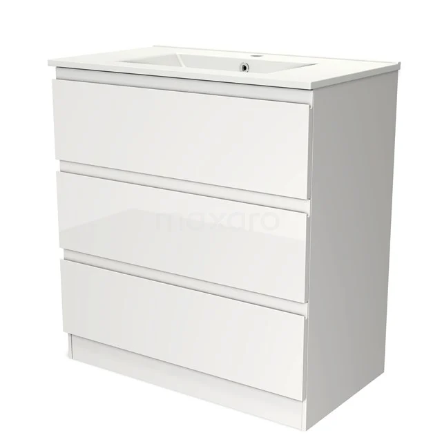 White bathroom unit with basin, 3 drawers and a sleek design, ideal for modern bathrooms.