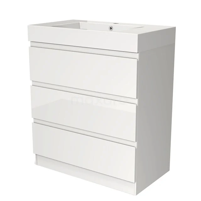 Weiße Badmöbelset mit drei grifflosen Schubladen, Hochglanzoberfläche, schlankes modernes Design.