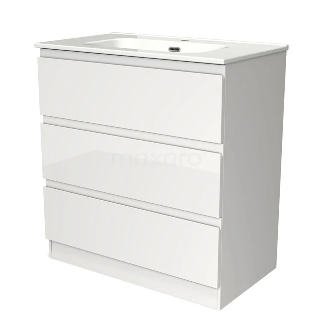 Modulo Waschtische | 80 cm Hochglanz Weiß Grifflos front Keramik 3 stehende Schubladen BMW19S-00096 Weiße Waschbeckenunterschrank mit drei Schubladen, modernes Design, ideale Badezimmerlagerung.