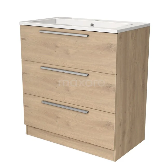 Wooden bathroom unit with 3 drawers, light oak look, integrated vanity units with basin and modern stainless steel handles.
