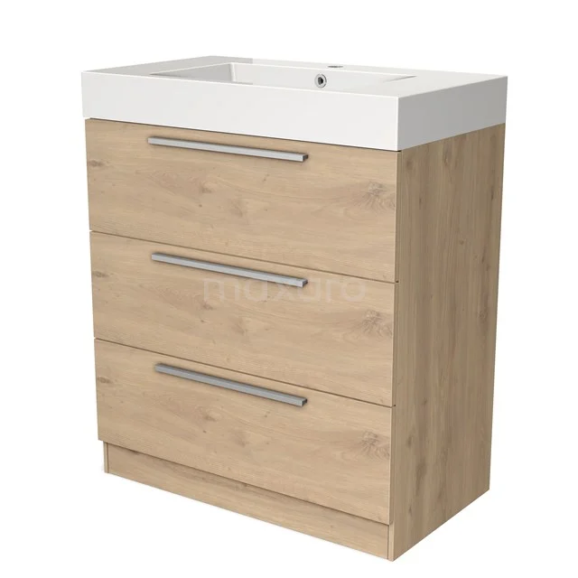 Wooden bathroom unit with three drawers, metal handles and white ceramic vanity units with basin, modern and practical design.