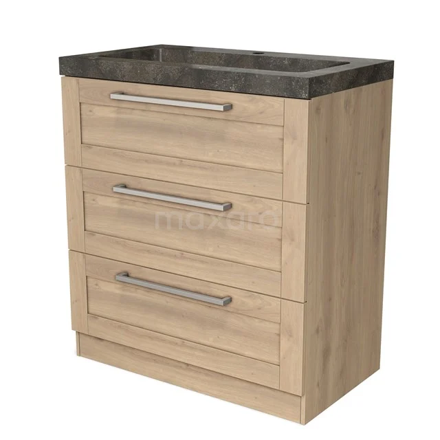 Wooden bathroom cabinet with three drawers and dark stone worktop, ideal for storage space in a modern bathroom.