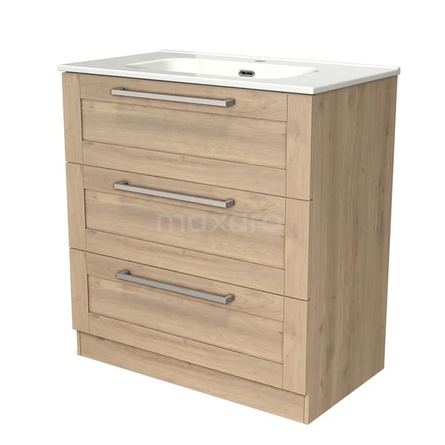 Modulo Bathroom furniture with sink | 80 cm Light brown oak Frame front Ceramic 3 standing drawers BMW19S-00128 Wooden bathroom cabinet with three drawers and white basin, modern handles, ideal for stylish bathroom space.