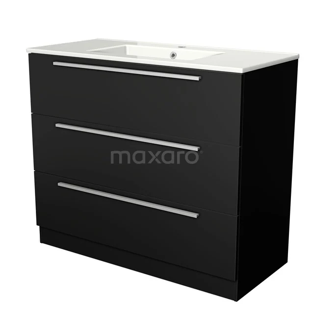 Zwart wastafelmeubel met drie lades, chroomgrepen en witte keramische wastafel, modern design voor de badkamer.