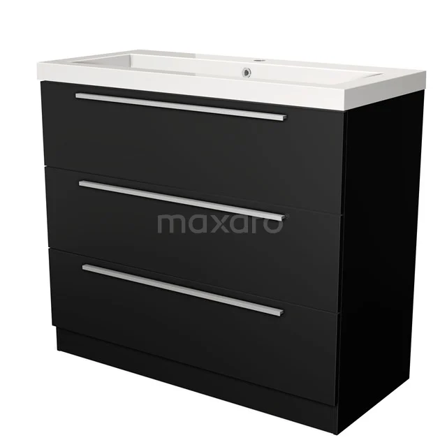 Zwart badkamermeubel met witte keramische wastafel, strakke aluminium handgrepen en drie lades voor opbergruimte.