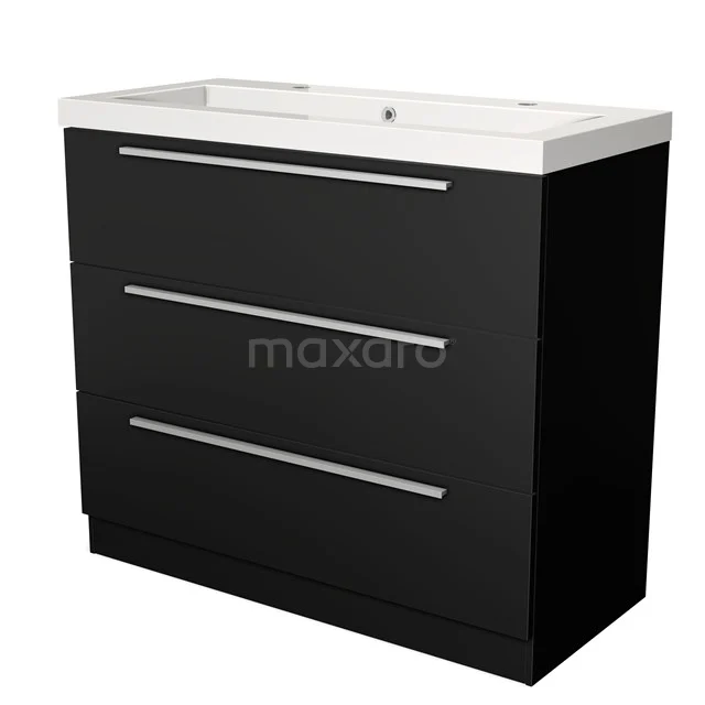 Zwart badmeubel met wastafel, moderne look, voorzien van drie lades met zilveren grepen, perfect voor een stijlvolle badkamer.