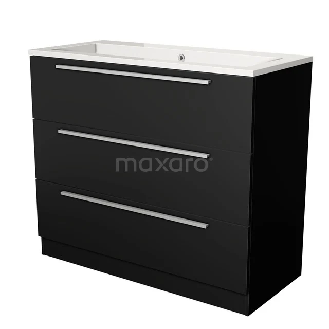 Zwarte badkamermeubel met witte wastafel, drie lades en strak design; geschikt voor moderne badkamers.