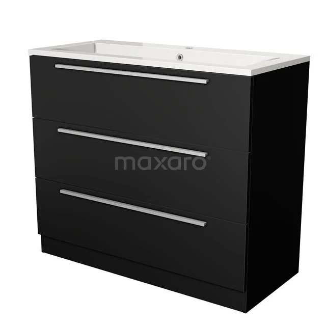 Black bathroom unit with three drawers, modern clean lines, high-gloss finish and ceramic vanity units with basin.
