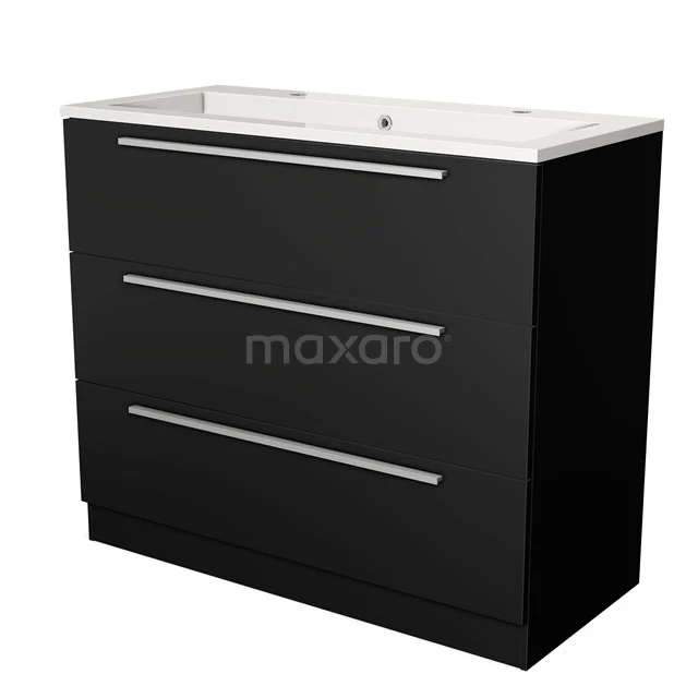 Black bathroom furniture set with three drawers and white basin, sleek design with metal handles for modern bathrooms.