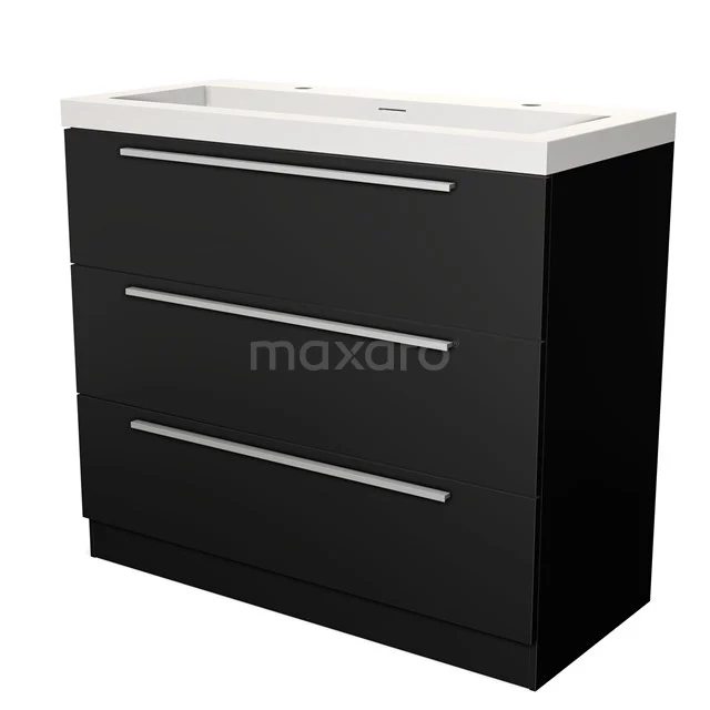 Zwarte badkamermeubelset met witte wastafel, 3 zilverkleurige lades en strak design, ideaal voor moderne badkamerinrichting.