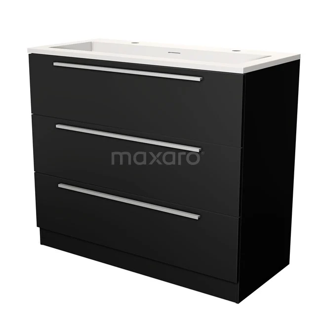 Zwarte badkamermeubel met wastafel, drie lades met metalen handgrepen, strak design, ideaal voor moderne badkamers.