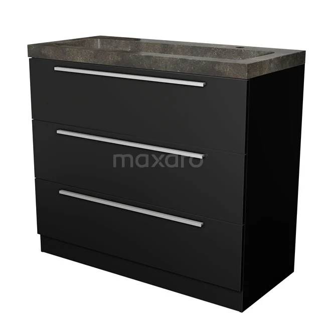 Strakke zwarte badkamermeubel met betonlook wastafel, drie lades met zilveren grepen, ideaal voor moderne badkamers.