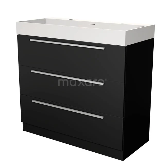 Zwarte badkamermeubelset met witte wastafel, strakke lijnen, drie lades en modern design, perfecte aanvulling voor de badkamer.