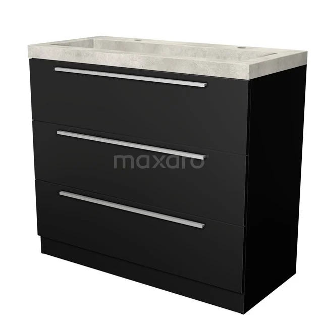 Zwarte badkamerkasten met drie lades en een grijs stenen wastafelblad, ideaal voor moderne badkameropslag.