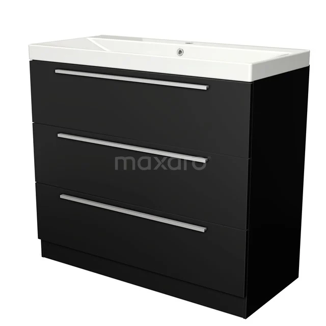 Zwarte badkamerkast met wit wastafelblad, drie lades en strak design, ideaal voor moderne badkameropslag.