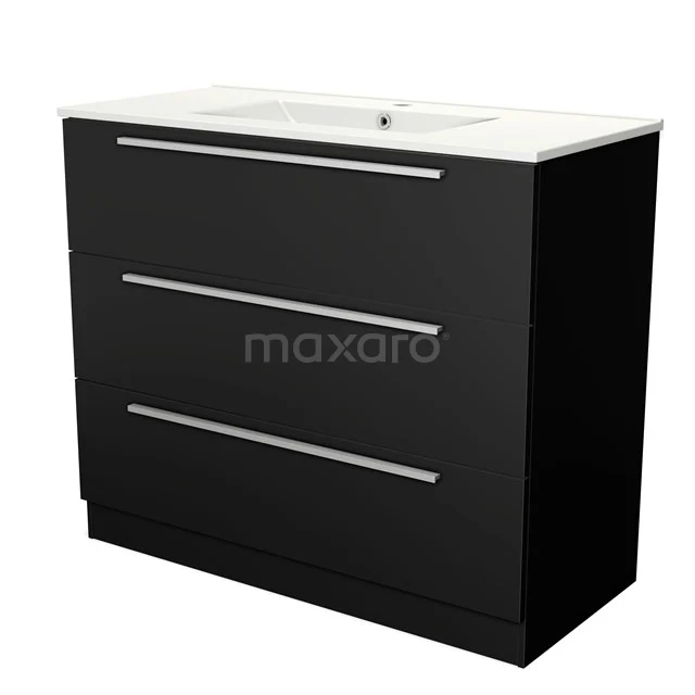 Zwarte badkamerkast met drie lades en een witte wasbak, moderne chrome handgrepen, ideaal voor stijlvolle badkameropslag.