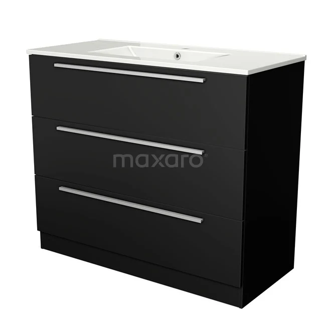 Black bathroom furniture set with three drawers, sleek silver handles and a white Basin, ideal for modern bathrooms.