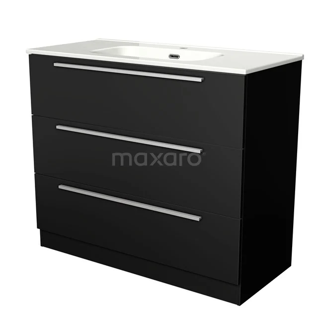 Zwart badkamermeubel met drie lades, strak design en witte wastafel; ideaal voor moderne badkamerinrichting.