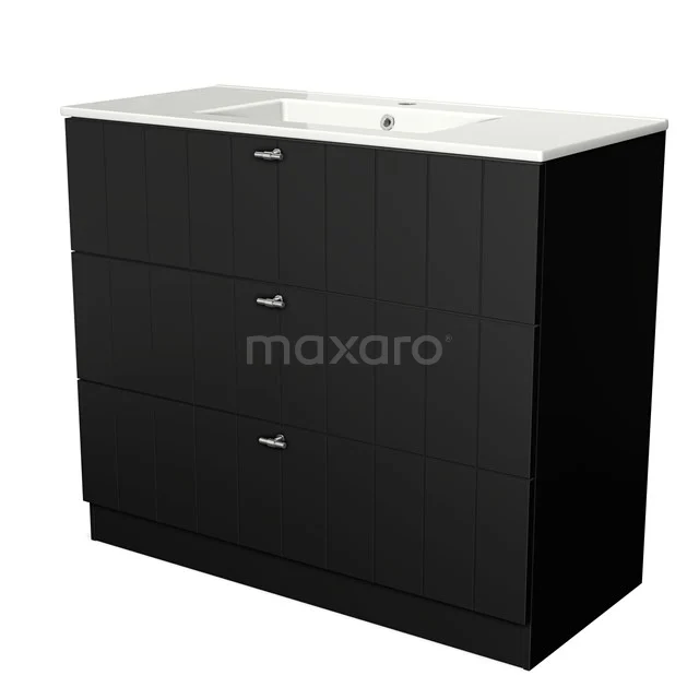 Black bathroom furniture set with three drawers and a white ceramic basin, modern design made of durable materials.