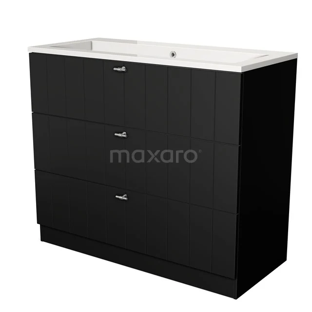 Black bathroom unit with three drawers and built-in white vanity units with basin, sleek design and modern look.