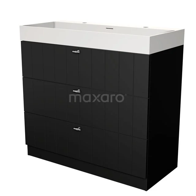 Modulo Badkamermeubel met wastafel | 100 cm Mat zwart Lamel front Solid surface 3 lades staand BMW19S-00160