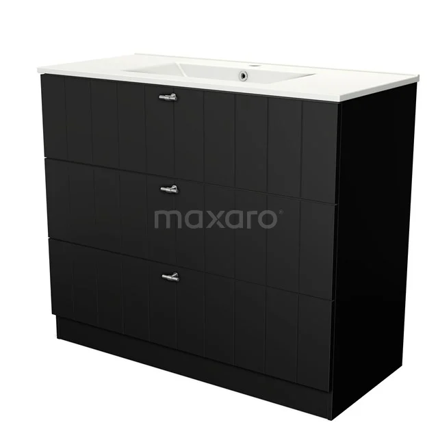 Modulo Bathroom furniture with sink | 100 cm Matte black Slat front Ceramic 3 standing drawers BMW19S-00166 Black bathroom cabinet with three drawers, white plastic basin and modern metal handles, ideal for stylish bathrooms.