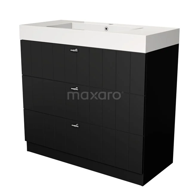 Black bathroom unit with three drawers and white ceramic basin worktop, modern design from the Nova series.