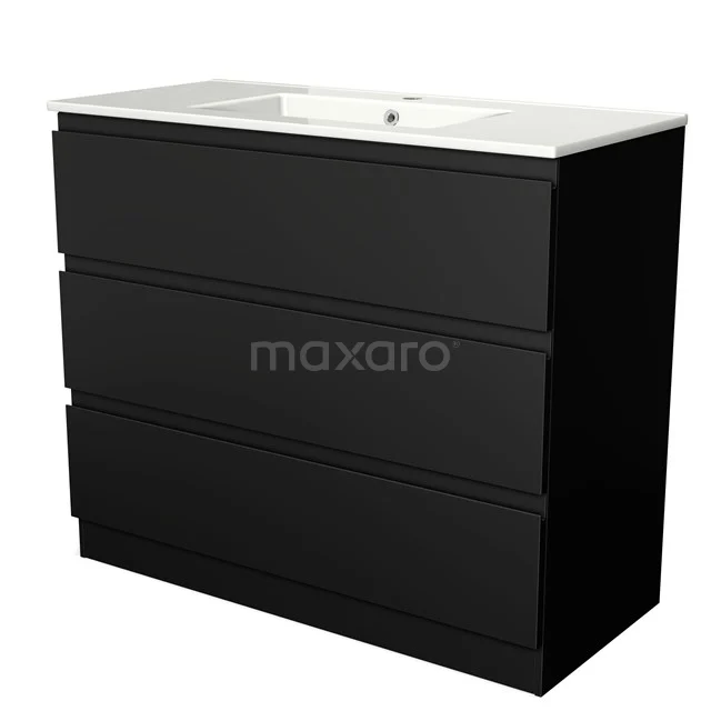 Black bathroom cabinet with three drawers, smooth design, integrated basin and modern finish, ideal for bathroom storage.