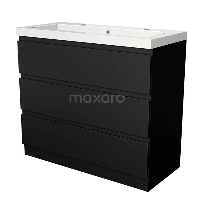 Schwarzer Badschrank mit drei Schubladen, modernes Design, inklusive weißem Waschbecken, ideal für stilvolle Badezimmerlagerung.
