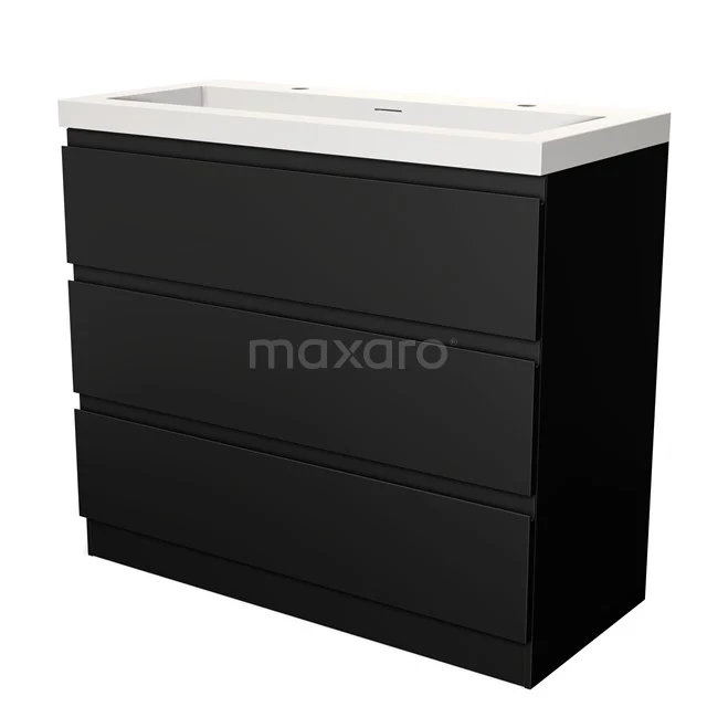 Black bathroom unit with three drawers and white ceramic basin, sleek design for a modern bathroom style.