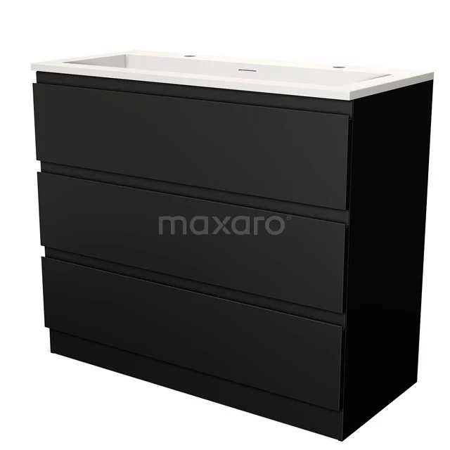 Modulo Bathroom furniture with sink | 100 cm Matte black Handle-less front Solid surface 3 standing drawers BMW19S-00178 Black bathroom unit with integrated vanity units with basin, modern design, clean lines and three spacious drawers for storage space.