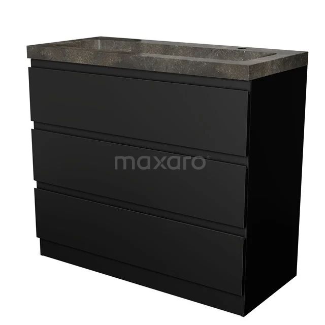 Schwarzes Badmöbel mit drei Schubladen und Natursteine Waschbecken, ideal für moderne Bäder.