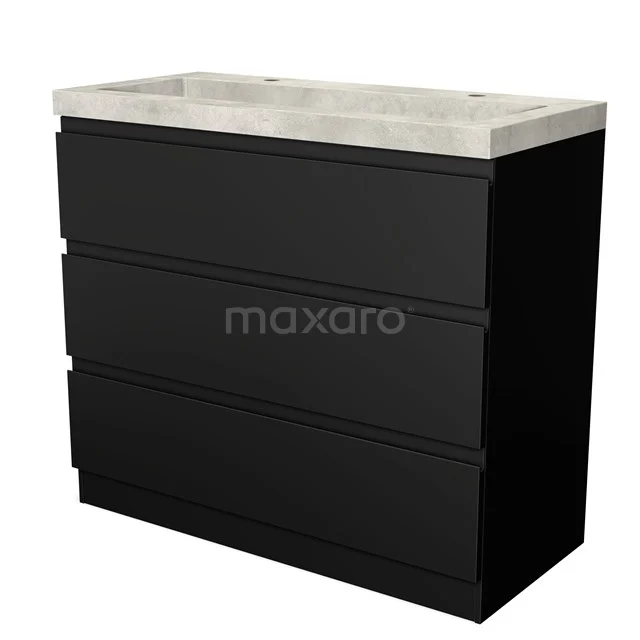 Modulo Waschtische | 100 cm Matt Schwarz Grifflos front Beton 3 stehende Schubladen BMW19S-00183 Schwarzes Badmöbel mit drei Schubladen und einer Naturstein-Waschtischplatte, ideal für einen modernen Badezimmerstil.
