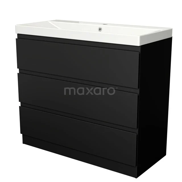 Modulo Vanity units with basin | 100 cm Matte black Handle-less front Ceramic 3 standing drawers BMW19S-00184