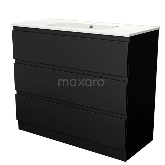 Badmöbel 100cm Modulo Matt Schwarz 3 Schubladen Griffloses Waschbecken Keramik BMW19S-00186 Schwarz Badmöbel mit drei breiten Schubladen und einem weißen Waschbecken, modernes Design und in matter Ausführung.