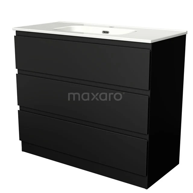 Black wooden bathroom unit with three drawers and white ceramic basin worktop, sleek and modern design.