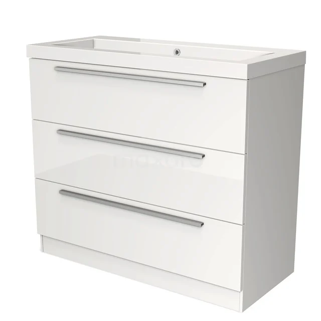 Witte badkamermeubel met drie lades, glanzende afwerking en moderne handgrepen, ideaal voor stijlvolle badkameropslag.