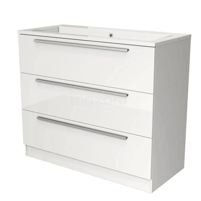 Witte moderne badkamerkast met drie ruime laden, metalen handgrepen en geïntegreerde wastafel, ideaal voor badkameropslag.