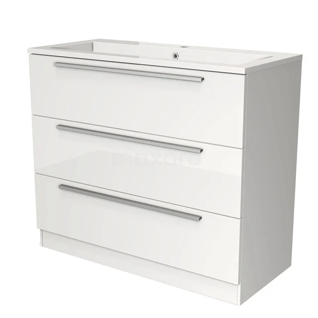 Wit badkamermeubel met drie lades en chromen handgrepen, modern design, ideaal voor stijlvolle badkameropslag.