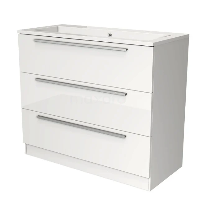 Witte badkamermeubelset met drie lades en chromen grepen, strak ontwerp, ideaal voor een moderne badkamer.