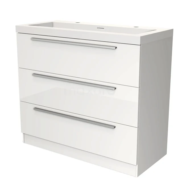 Wit badkamermeubel met drie ruime lades en moderne handgrepen, ideaal voor stijlvolle opbergruimte in de badkamer.