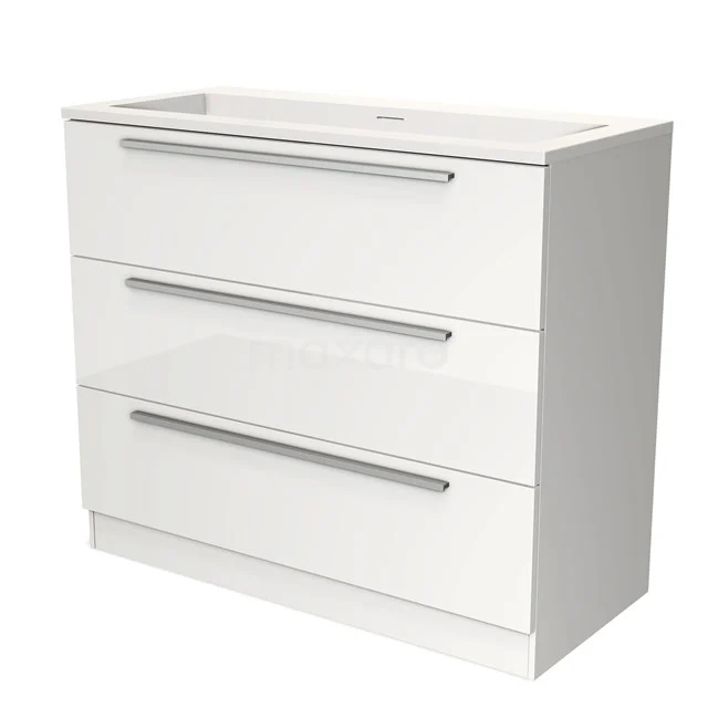 Wit badkamermeubel met drie lades, strakke RVS-handgrepen en gladde afwerking, ideaal voor moderne badkameropslag.