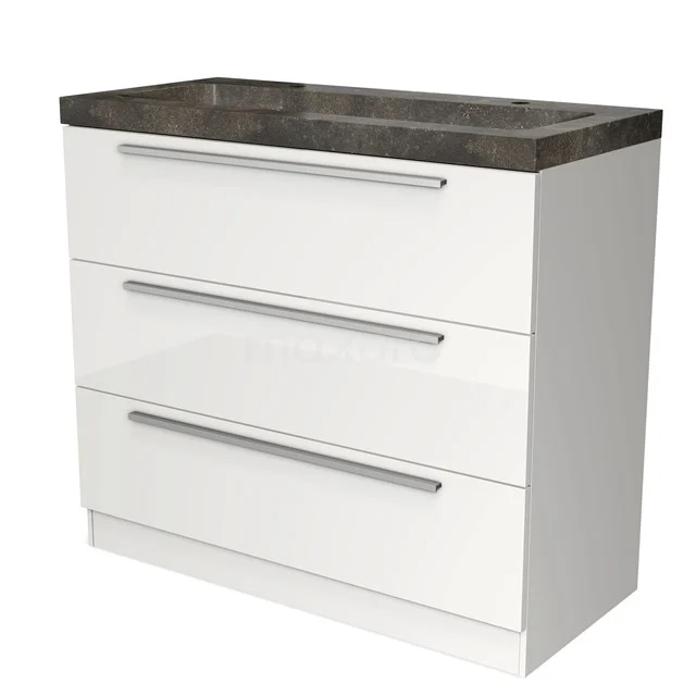 White bathroom unit with three drawers and a dark grey natural stone basin worktop, modern design.