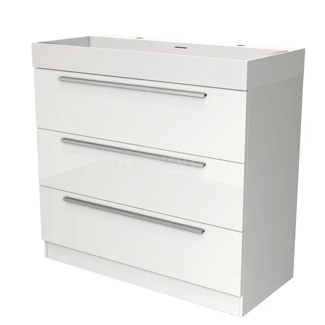 Wit badkamermeubel met drie ruime lades, strak design en metalen handgrepen, ideaal voor moderne badkameropslag.