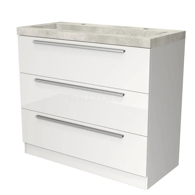Witte badkamerkast met drie lades, moderne grepen en bovenblad van licht marmerlook; ideale opbergoplossing voor de badkamer.