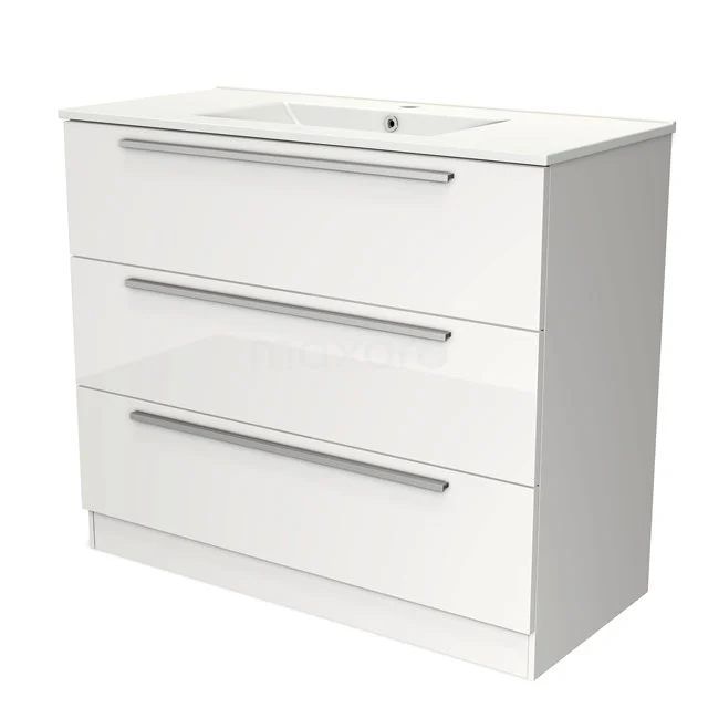 Witte badkamermeubel met drie lades en geïntegreerde wastafel, moderne uitstraling en metalen handgrepen.