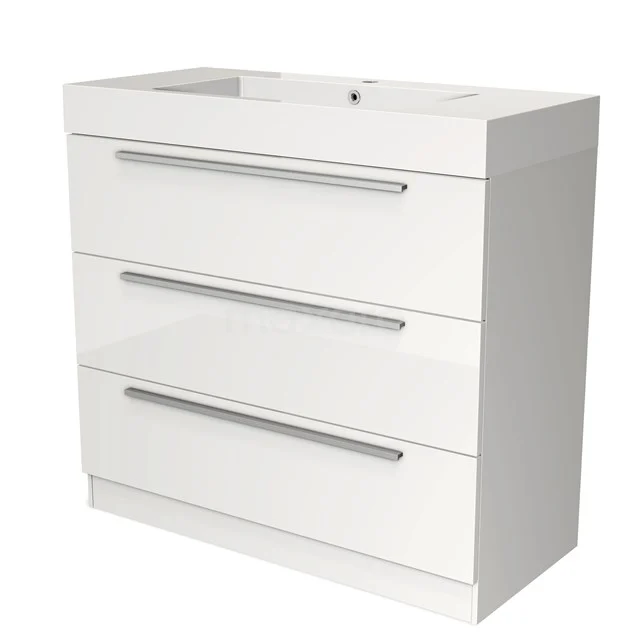 White bathroom unit with three soft-close drawers, high-gloss finish and integrated vanity units with basin, modern design.